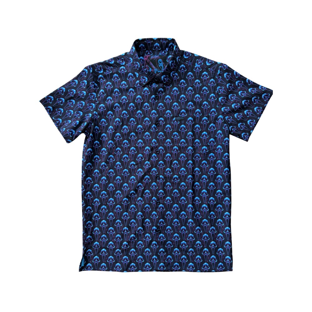 Retro Rifle Scream Ghostface Neon Print Short Sleeve Button Down Shirt Mens L